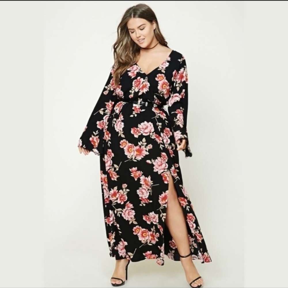 Forever 21 Black Floral Long Sleeve Dress